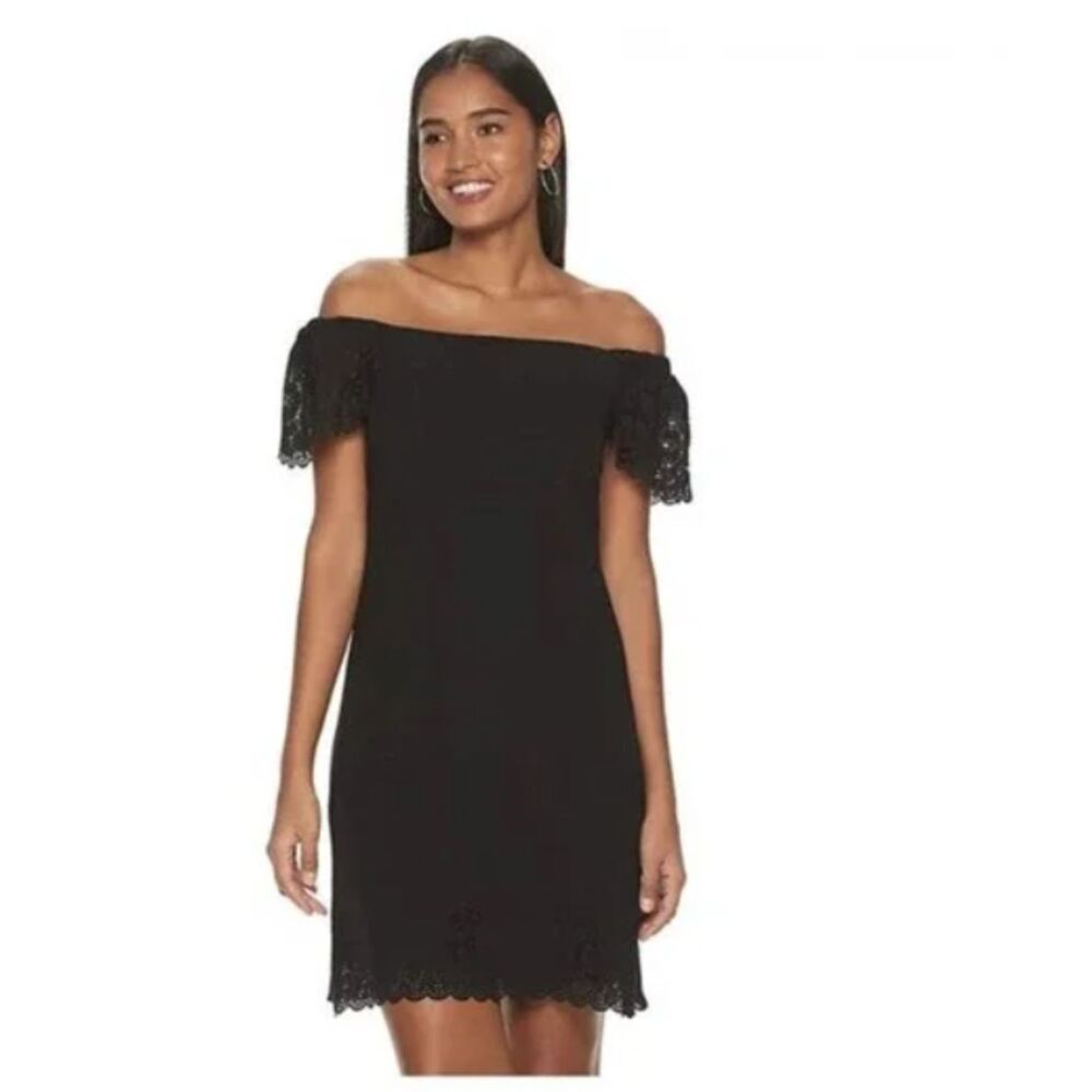 ELLE Dress S Women's Black Scalloped Short Sleeve Off-Shoulder Laser Cut Shift